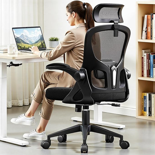Ergonomic Office Chair - High Back Mesh Computer Desk Chair with Adjustable Lumbar Support & Headrest, Flip-Up Armrests, Tilt Function - Perfect for Gaming, Work, and Study -Black