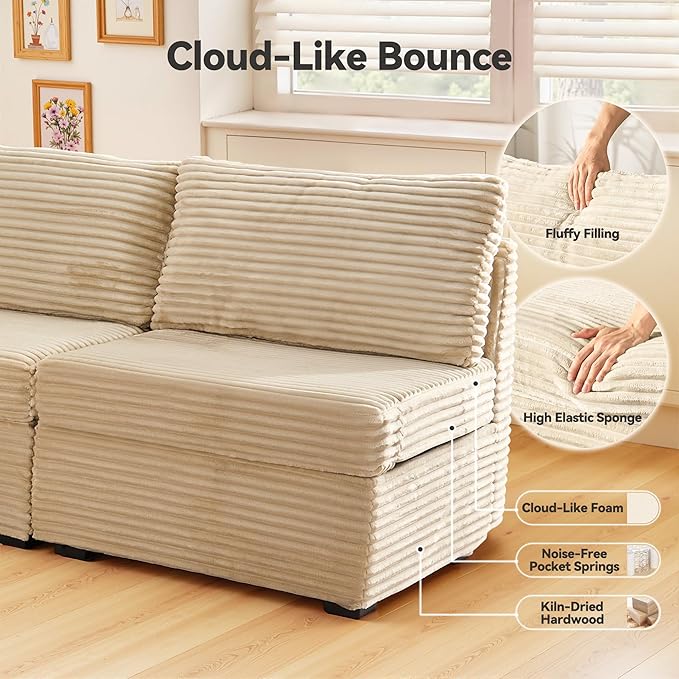 Large 6 Seat Modular Sectional Sofa with Ottoman Seat Corduroy Sleeper Sectional Sofa Bed Oversized Convertible Modular Couch for Living Room