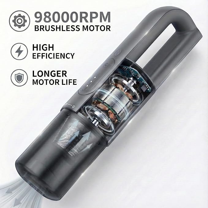 Handheld Vacuum Cordless, 5-in-1 Car Vacuum Portable Cordless 30 Mins Rapid Rechargeable Hand Vacuum Brushless Motor 19000Pa Strong Suction, Dust Busters for Car Home with 4 Nozzles, Gray