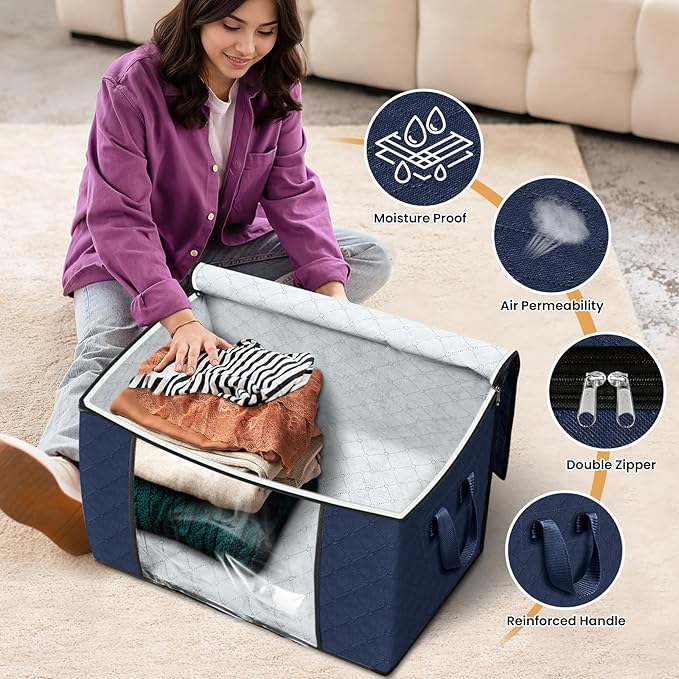 Fab totes 24 Gallons Clothes Storage, Foldable Thick Fabric Blanket Storage Bags, Containers for Organizing Bedroom, Closet, Clothing, Comforter, Organization with Handle (3 Pack,Blue)