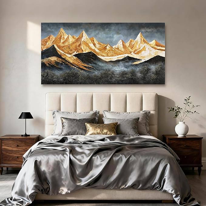 YETHEN WAL Gold Mountain Landscape Wall Art, Textured Mountain Canvas Print in Grey & Gold, Modern Horizontal Artwork, Gallery Wrapped, 20×40 in