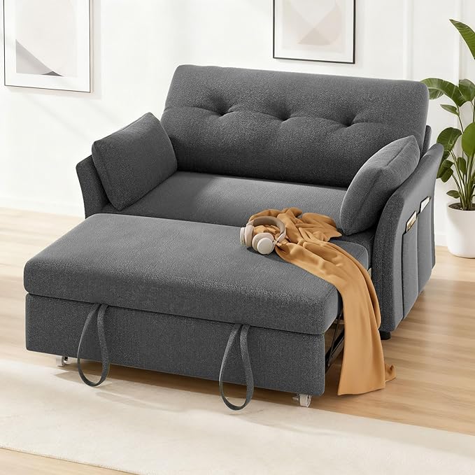 Vipbear Sleeper Sofa with Pull-Out Bed, 3-in-1 Convertible Sofa Bed, Loveseat with Reclining Backrest and Side Pocket for Living Room, Apartment, Tool-Free Assembly, Dark Grey