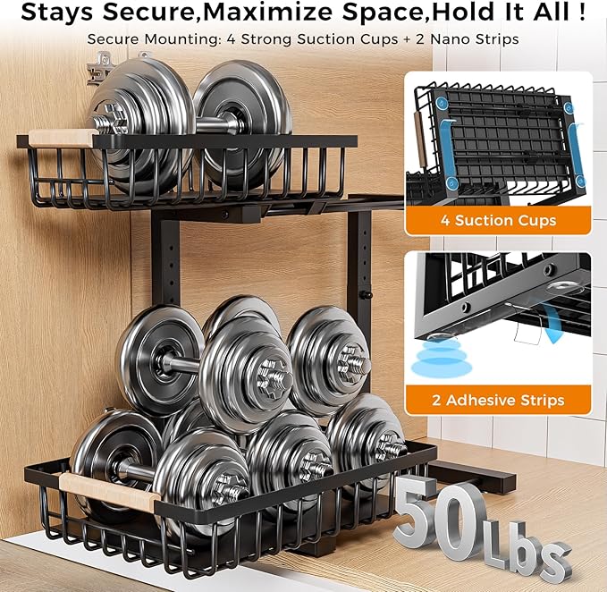 Under Sink Organizer,2 Pack Under Kitchen Sink Organizer,2 Tier Sliding-Out,5 Level Height Adjustable,Thickened Carbon Steel,Anti-rust Treatment,For Kitchen Bathroom Black