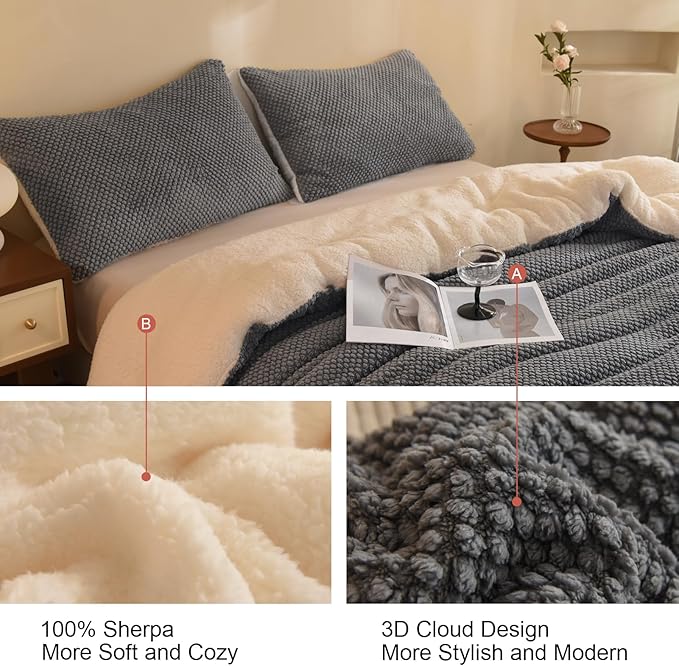 3D Jacquard Design Comforter Set, Ultra-Soft Warm Twin Size Sherpa Fur Plush 2-Pieces Sets Luxury Cozy Bedding with 1 Pillowcase (68"x90", Grey)