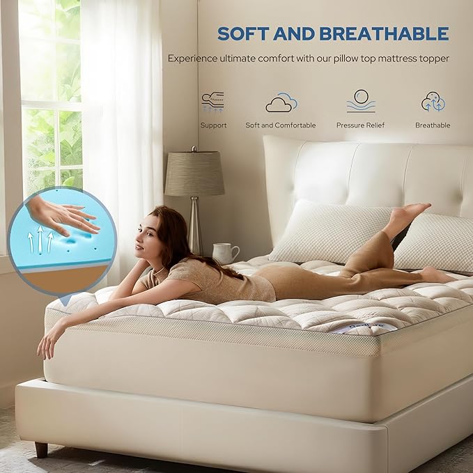 BedBedlore 4-Inch Full Mattress Topper for Back Pain - Dual Layer Medium Support (2" Gel Memory Foam + 2" Cooling Fluffy Pillow Top Pad), Breathable & Pressure Relief (Beige)