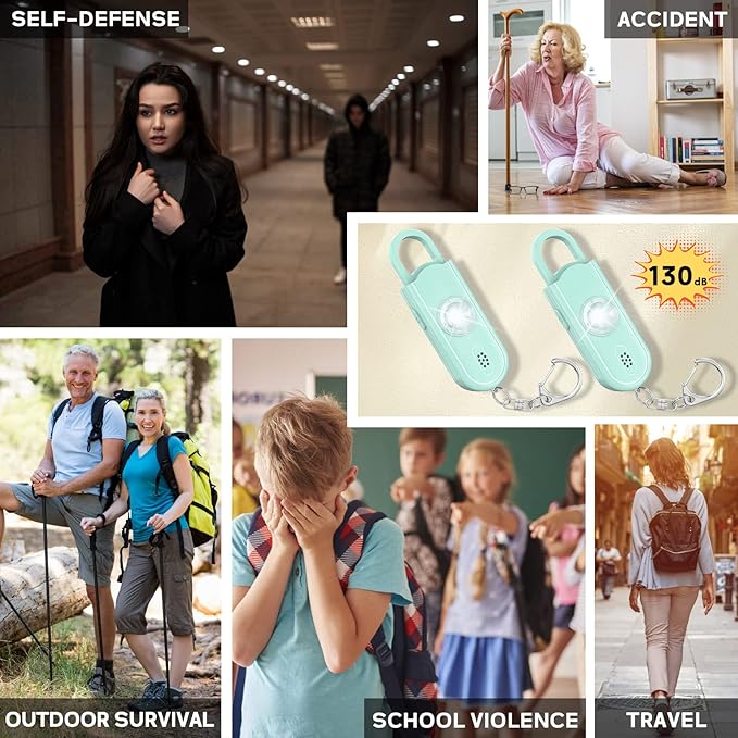 Personal Safety Alarm Keychain for Women 2PCS -130 dB Loud Siren with SOS Strobe Light, Flashlight, Double Speakers, Safe Defense Key Chain for Girls Kids Elders Emergency Call