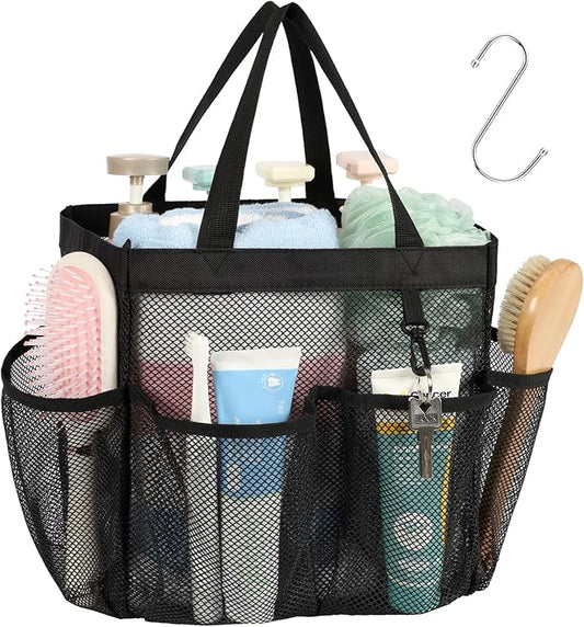 F-color Mesh Shower Caddy Portable, Upgrade Deeper 7 Pockets Shower Bag Basket Tote for College Dorm Room Toiletry Bathroom Essentials Gym Camp Quick Dry 2 handles with S Hook, Black