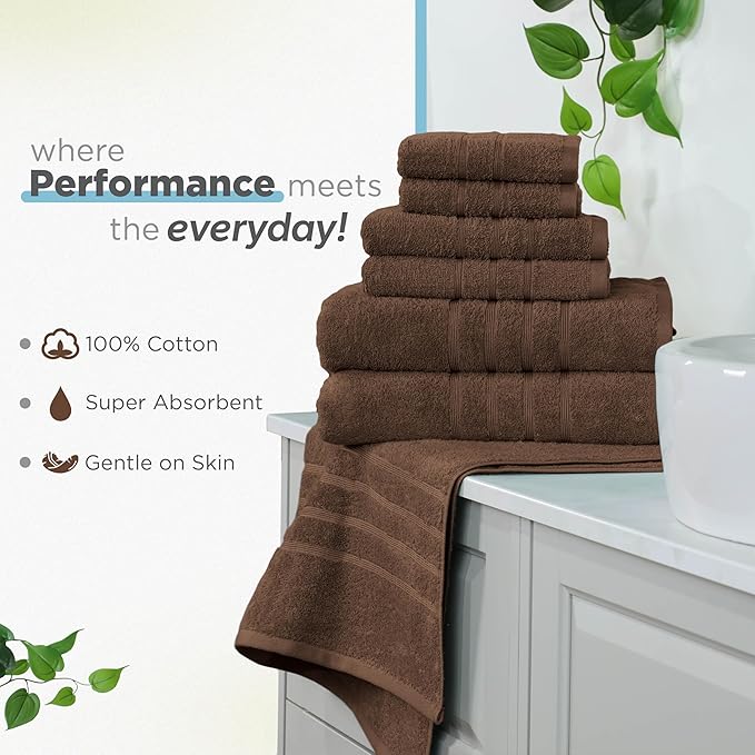 Martex 6-Piece Towel Set – Ultimate Performance – 100% Cotton – 2 Bath Towels – 2 Hand Towels – 2 Wash Cloths – Versatile – Low-Linting – Supersoft & Absorbent Bathroom Set – Easy Care – Chocolate