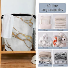 White Gold Marble Laundry Basket,Oxford Cloth Laundry Hamper with Handle Foldable Portable Clothes Storage Basket for Bathroom Bedroom Dorm Room 16