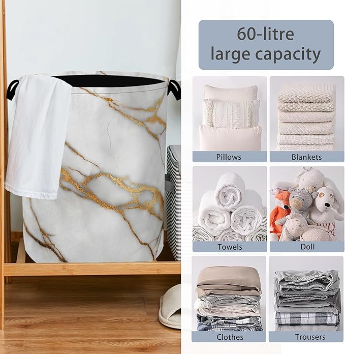 White Gold Marble Laundry Basket,Oxford Cloth Laundry Hamper with Handle Foldable Portable Clothes Storage Basket for Bathroom Bedroom Dorm Room 16" x 20.8"