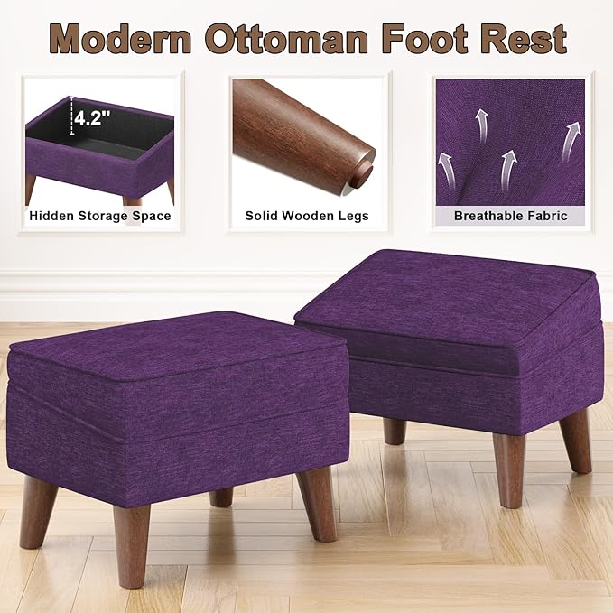 Storage Ottoman, Small Foot Stool Ottoman with Storage, Modern Foot Rest with Adjustable Lid and Sturdy Wood Legs for Living Room, Bedroom, Couch, Enterway(Purple)