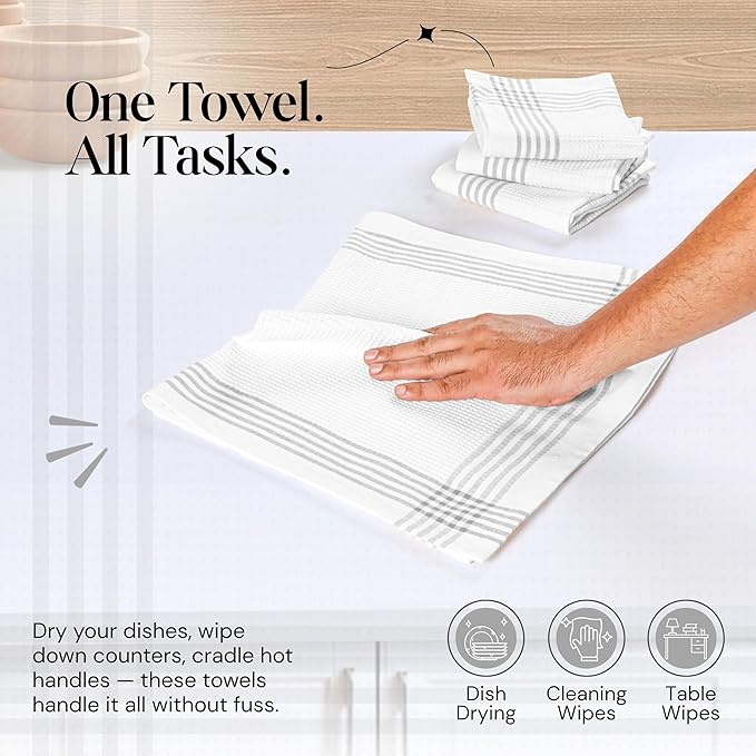 Grey and White Cotton Kitchen Towels 5 Pack, 16x26 Inch, Waffle Weave, Quick Dry, Absorbent, Durable Dish Towels for Drying, Cleaning, Cooking, Daily Kitchen Use