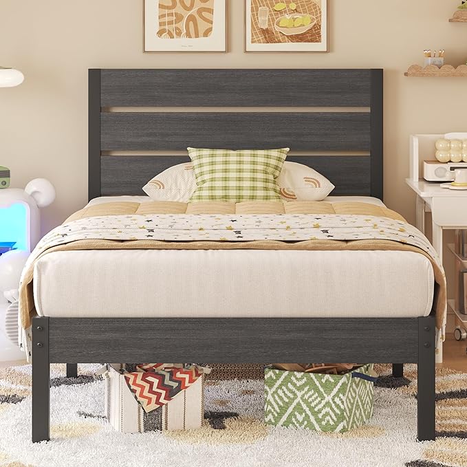 Twin Bed Frame with Headboard and Footboard, Metal Twin Bed Frame with Under Bed Storage, All-Metal Support System, No Box Spring Needed, Easy Assembly,Rustic Grey