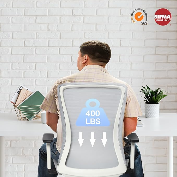 Heavy Duty Big and Tall Office Chair 400lb for Heavy People, Ergonomic Wide Desk Chair White Mesh Office Chair with Lumbar Support, Adjustable Height and Armrests