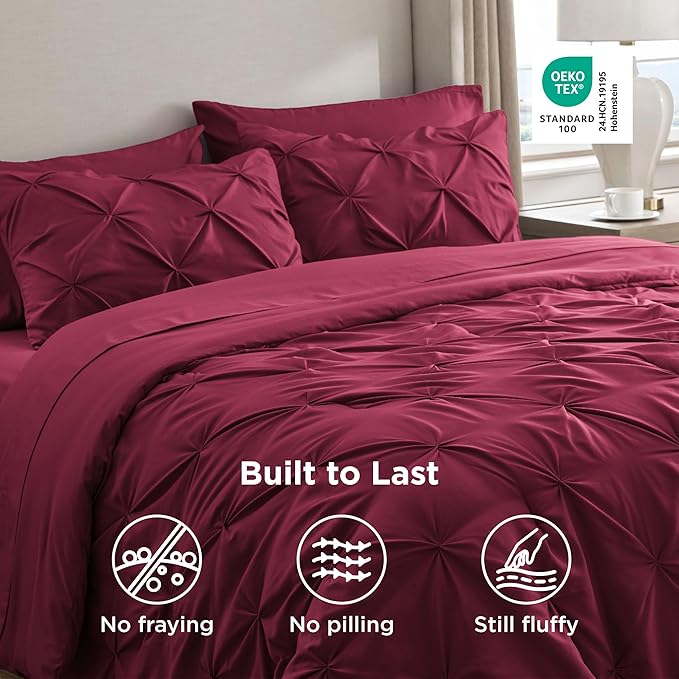 Bedsure Full Comforter Set Dark Red - Bed in a Bag Full Size Bedding Set 7 Pieces, GentleSoft™ Pintuck Bed Set Gift for Family, Pinch Pleat All Season Comforter with Sheets, Pillowcases & Shams