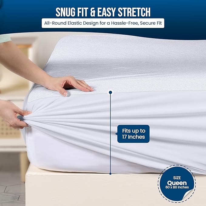 Utopia Bedding Waterproof Mattress Protector Queen Size, Premium 200 GSM Terry Mattress Cover, Soft & Breathable Bed Cover, Fitted Sheet Style with Stretchable Deep Pockets 17" (White)