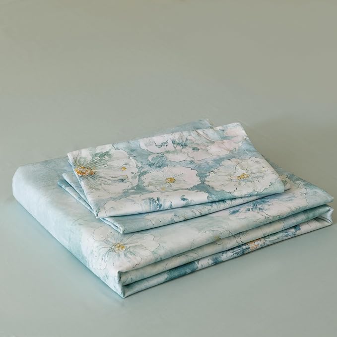 HeimenAogo Egyptian Cotton Duvet Cover King Sateen Weave, Silky Soft Duvet Cover with Zipper Closure, Long Staple Cotton Comforter Cover Watercolor Floral 3 Pcs