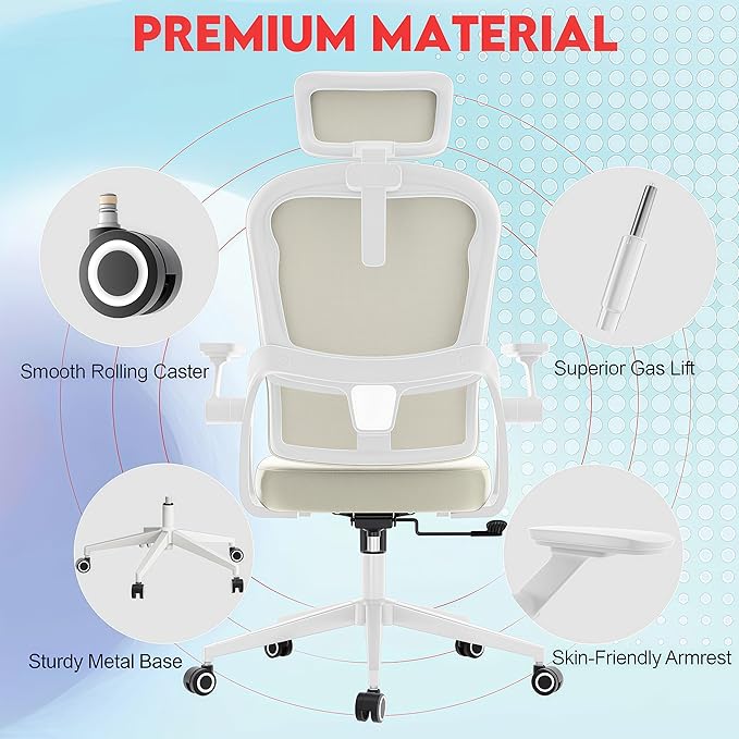 Ergonomic Office Chair - 400LB Comfy Desk Chairs with Adjustable Headrest and Lumbar Back Support, Mesh Computer Chairs with Wheels and Arms for Home Office, Study (218khaki-With Headrest)