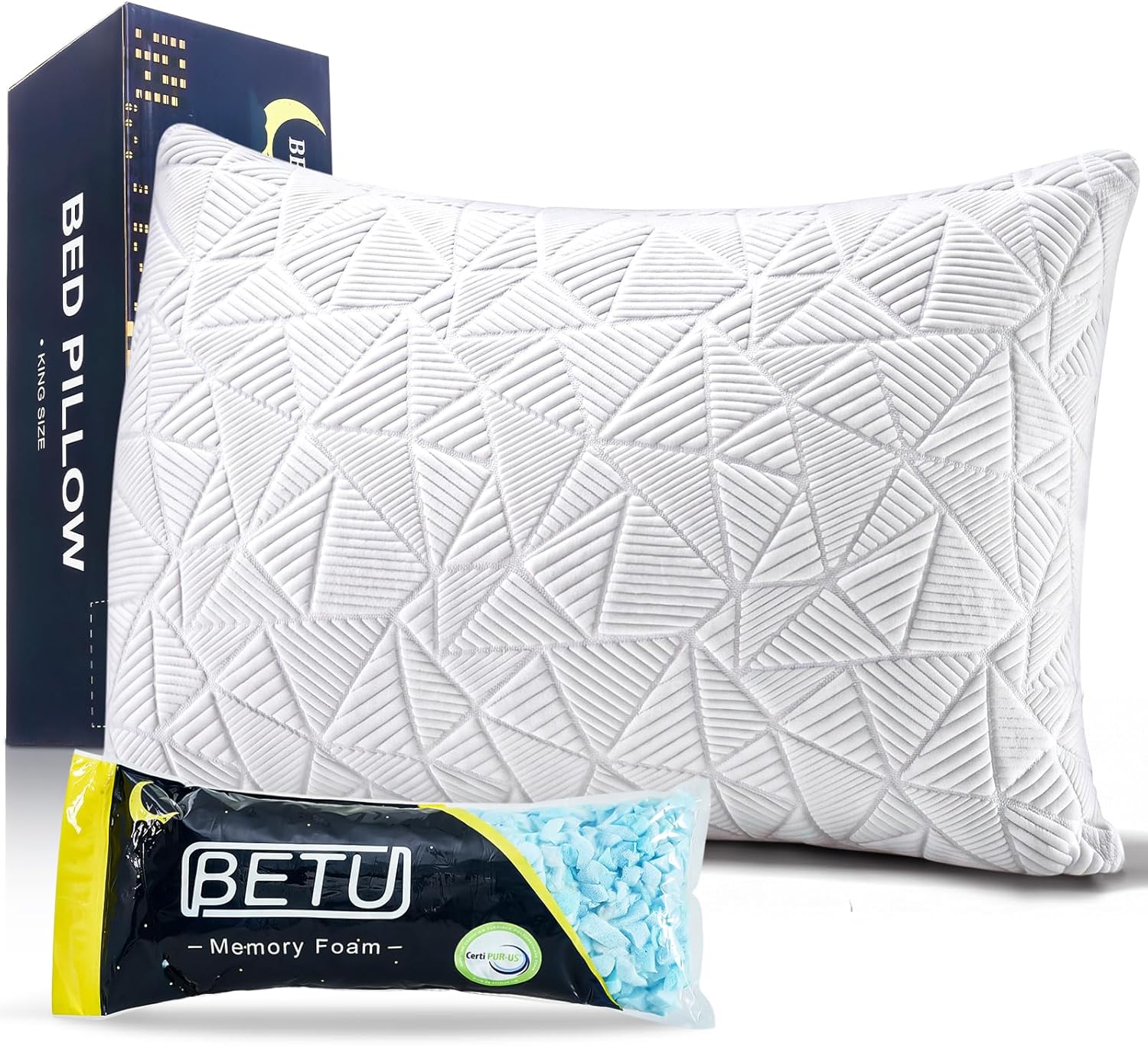 BETU Standard Pillow, Cooling Shredded Memory Foam Pillow for Hot Sleepers College Dorm Room Essentials, Adjustable Firm Gel Cool Pillow for Back Pain and Side Sleeping, Birthday Gifts for Boyfriend Dormly
