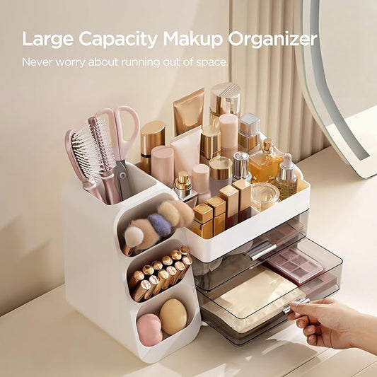 HBlife Makeup Organizer with Brush Holder for Vanity, Large Plastic Bathroom Countertop Organizer Skin Care Storage, Easy to Store Lipsticks, Nail Polishes, Perfumes, Eyeshadow Palettes, White