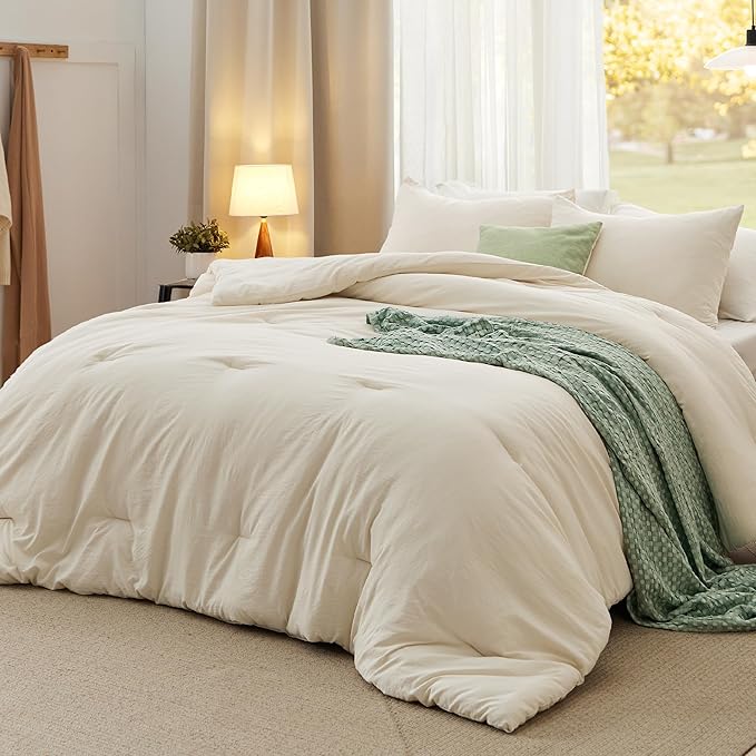 Bedsure Full Size Comforter Set, Cream Soft Prewashed Bedding for All Seasons, 3 Pieces GentleSoft™ Warm Down Alternative Bed Set, 1 Lightweight Comforter (82"x86") and 2 Pillowcases (20"x26")