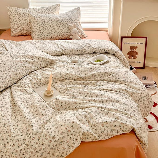 HighBuy Boho Floral Duvet Cover Full White Cotton Coquette Comforter Quilt Duvet Covers with Pink Floral,Garden Floral Bedding Set Full Lightweight Soft Cottagecore Duvet Cover Sets Cute