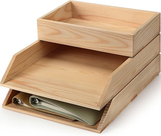 3 Pcs Wooden Letter Trays, Wood Letter-Size Desk Organizer, Heavy Duty 3 Tier Stackable Support Paper Tray Tabletop Inbox Drawer Desktop Organizer for File Folder Magazine Office (Light Brown)