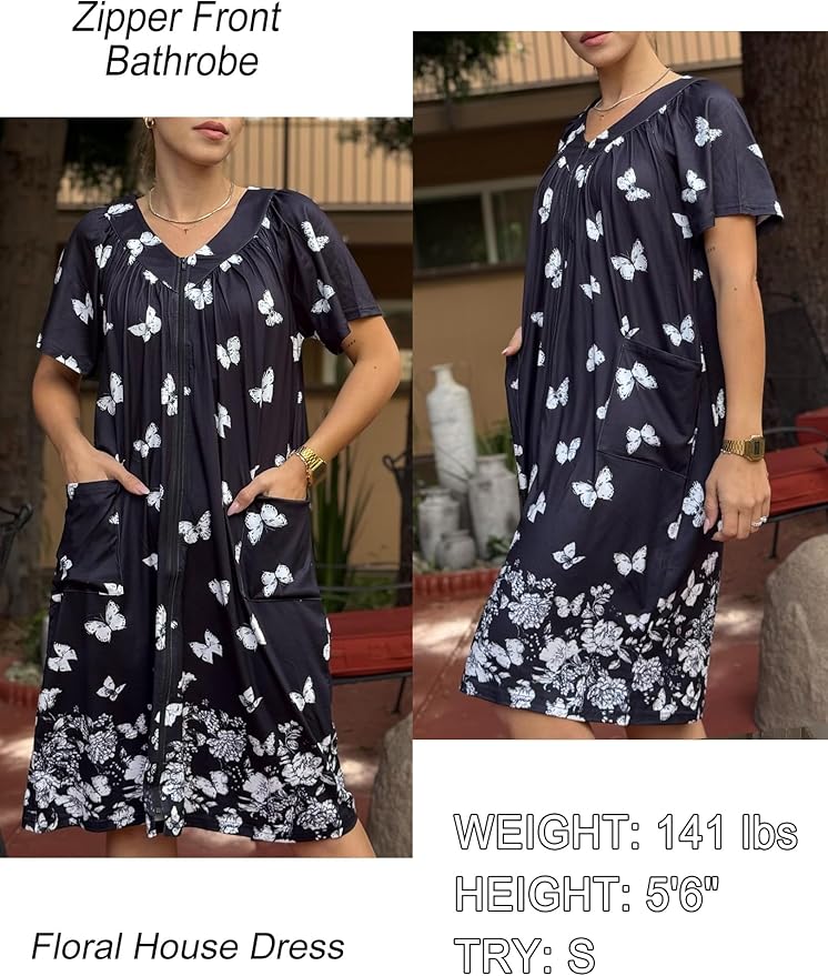 Ekouaer Women Robe Zipper Front Mumu Duster Robes Zip Up Housecoat Soft Sleepwear with Pockets