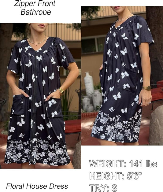 Ekouaer Women Robe Zipper Front Mumu Duster Robes Zip Up Housecoat Soft Sleepwear with Pockets