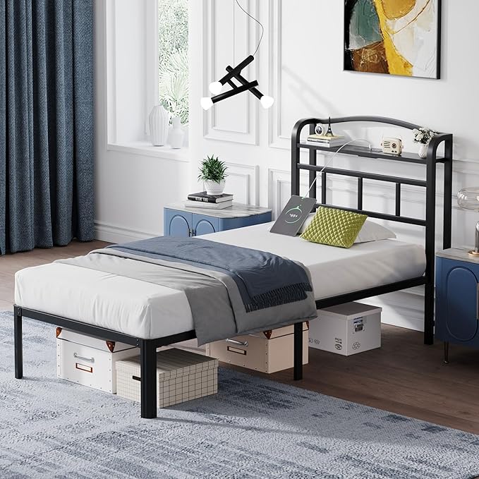14 Inch Metal Bed Frame - Twin Size Black Heavy Duty Bedframe Platform Basic Mattress Foundation with Headboard & Charging Station No Box Spring Needed/Easy Assembly/Noise-Free