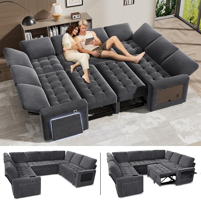 WEUP 8 Seat U Shaped Sectional Sleeper Sofa Bed with Pull Out Bed, Chenille Sectional Sleeper Couch with Adjustable Backrest, USB Ports, LED, Side Table, Tool-Free Assembly, Chenille Dark Grey