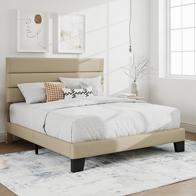SHA CERLIN Full Platform Bed Frame with Upholstered Fabric Headboard, Mattress Foundation with Strong Wooden Slats Support, No Box Spring Needed, Beige