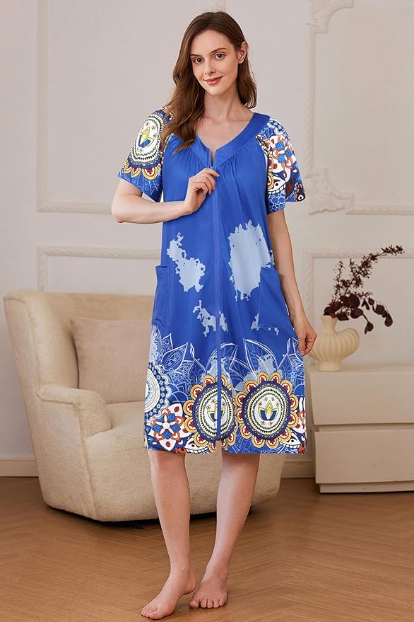Ekouaer Women Robe Zipper Front Mumu Duster Robes Zip Up Housecoat Soft Sleepwear with Pockets