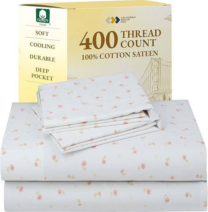 California Design Den Full Size Bed Sheets Set - 400 Thread Count Sateen, Natural 100% Cotton Sheets, Deep Pocket and Durable Bedding - Soft Floral CaliforniaDesignDen