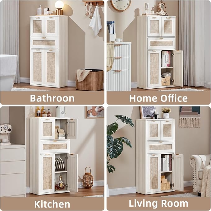 LEYAOYAO 48" Tall Storage Cabinet Set of 2,Rattan Bathroom Floor Cabinets with 2 Doors & 1Drawer,Boho Kitchen Pantry with Adjustable Shelves,Wooden Cupboard for Living Room,Home Office,White Cream Oak