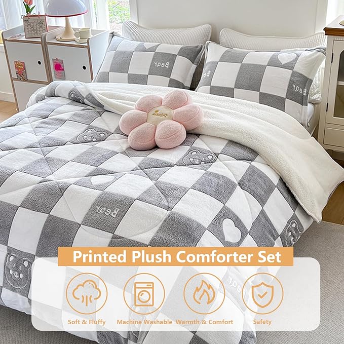 Full Size Fleece Comforter Set 3 Piece (1 Comforter + 2 Pillow Shams),Thick Fluffy Warm for Winter Cold Weather,Cute Bedroom Decor & Dorm Room Essential for College Students, Girls, Singles