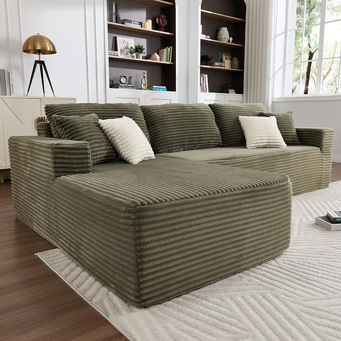 108" Boneless Couches for Living Room, Modular Sectional Sofa with Oversized Chaise, L-Shape Cloud Couch with Deep Seat, High-Density Memory Foam, No Assembly Required, Plush Corduroy Green