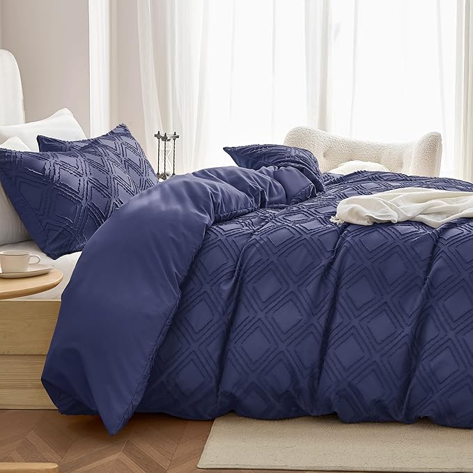 JELLYMONI Duvet Cover Queen Size Navy Blue - 3PCS Boho Duvet Cover Set Plaid Polyester Tufted Bohemian Jacquard Knit Textured Comforter Cover 90×90in Rhombic Geometric Pattern Zipper Corner Tie