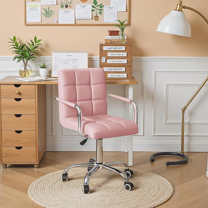 Furmax Mid-Back Office Task Chair Ribbed PU Leather Executive Chair Modern Adjustable Home Desk Retro Comfortable Work Chair 360 Degree Swivel with Arms (Light Pink)