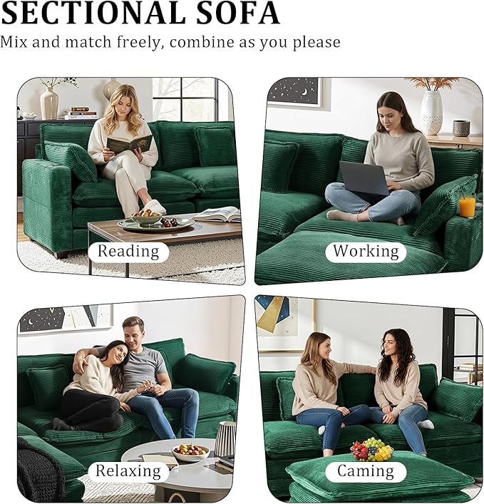 Gexpusm Modular Sectional Sofa,99" Couches for Living Room,Corduroy Sofa with Ottoman & Pillow,Cloud Sectional Couch with Cup Holders & USB,Side Pockets,3-Seat Corduroy Boneless Chair Indoor (Green)