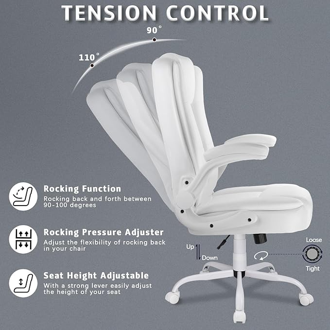 LEMBERI Flip-up Arms Office Desk Chair, Big and Tall Managerial Executive Chair, High Back Computer Chair, Ergonomic Adjustable Height PU Leather Chairs with Cushions Armrest for Long Time Sitting
