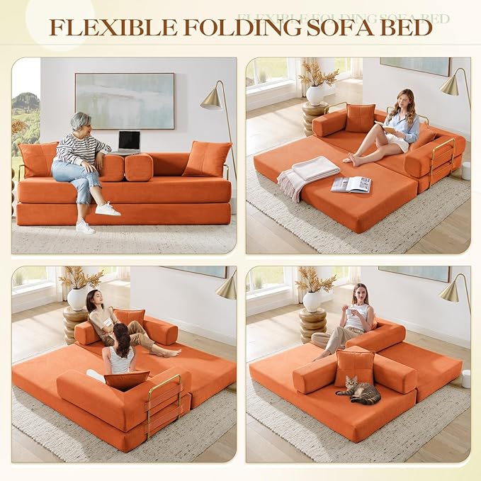 Antetek Convertible Futon Sofa Bed, 3-Seater Modern Corduroy Foam Floor King Size Bed Fold Out Sleeper Lounge Loveseat Sofa Couch with 2 Throw Pillows for Living Room Bedroom Guest Room, Orange
