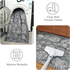 RUGSURE Washable Area Rugs - Perfect for Living Room, Bedroom, Kids Room, Nursery - Stain & Water Resistant Non-Slip, Pet & Child Friendly, Vintage Tribal Area Rugs (Grey and Blue, 5' x 7')