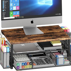 OPNICE Desk Organizers and Accessories, 2-Tier Computer Monitor Stand Riser with Drawer and 2 Pen Holders, Laptop Stand, Office Desk Accessories for Office Supplies, Brown