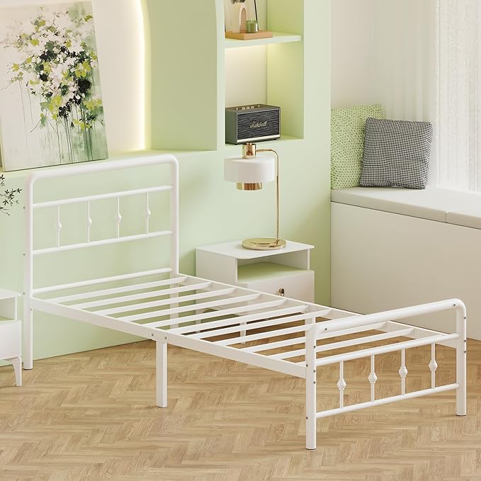 14 Inch White Twin XL Bed Frames with Headboard and Footboard, Metal Bed Frame Twin XL Victorian Style, Heavy Duty Mattress Foundation, No Box Spring Needed, Easy Assembly