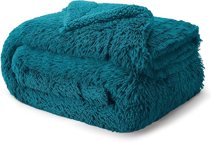 Bedsure GentleSoft Fluffy Turquoise Teal Blankets Queen Size for Bed, Thick Sherpa Faux Fur Fleece Fuzzy Plush Winter Warm Soft Full Queen Blankets, Bedroom Teal Decor Cozy Gifts for Women Men, 90x90