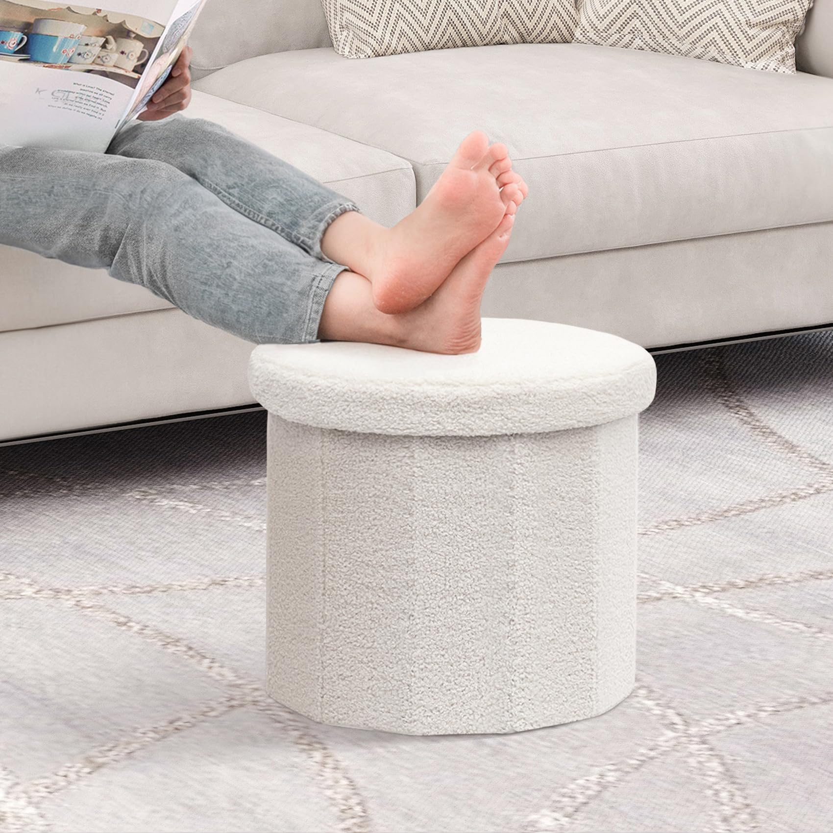 B FSOBEIIALEO Storage Ottoman Cube, Flowers Shaped Ottomans with Storage Foot Stool Footrest for Lving Room, Boucle Ottoman Seat for Dorm Room,Faux Teddy Fur,White 12.6"x12.6"x12.6" Dormly
