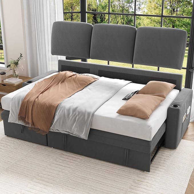 Keyluv 87" Pull Out Sleeper Sofa Bed with Storage Chaise, Reversible 2 in 1 Sectional Sofa Bed with Charging Station and Cup Holder, L-Shaped Sofa Couch for Living Room, Velvet Dark Gray