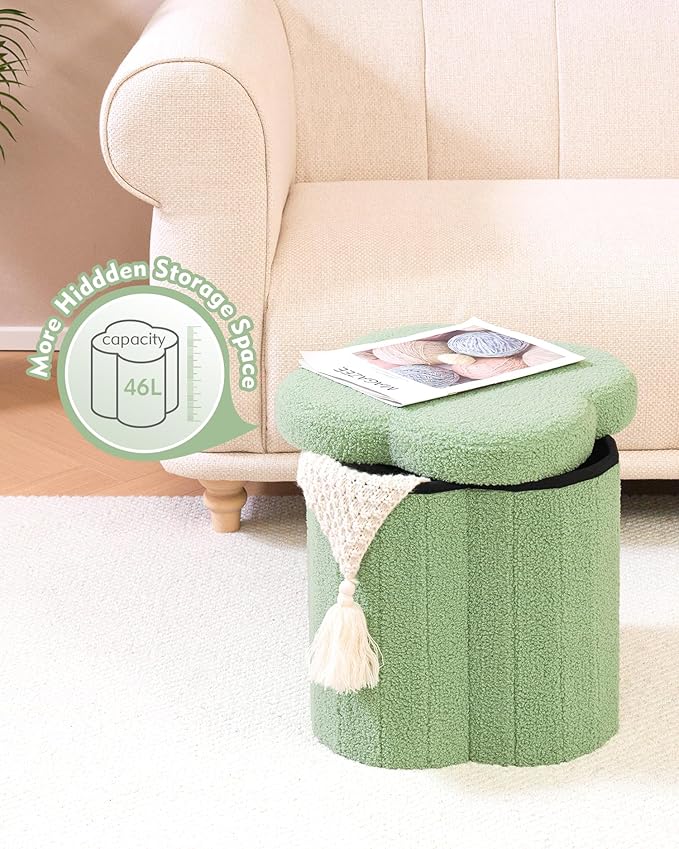 B FSOBEIIALEO Storage Ottoman Cube, Flowers Shaped Ottomans with Storage Foot Stool Footrest, Boucle Ottoman Seat for Dorm Room, Faux Teddy Fur, Green 15"x15"x15"