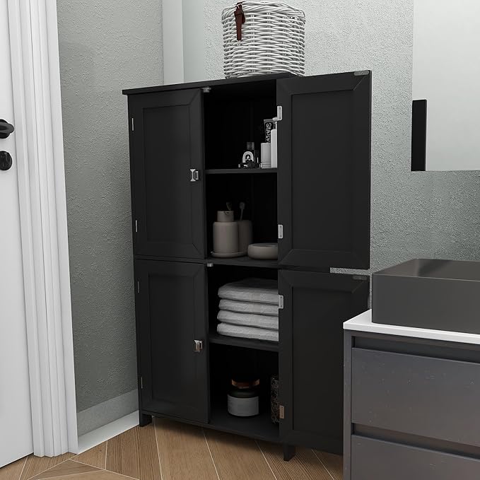 TaoHFE 2 Tier Bathroom Storage Cabinet,Wood Bathroom Cabinets Freestanding with 4 Door Organizers Storage with Adjustable Shelves, Storage Cabinet for Living Room, Laundry Room, Black